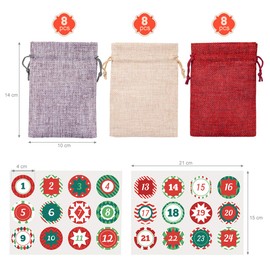 Naler Christmas Advent Calendar 2024 Drawstring Pouches Jute Gift Bags 24 Days Burlap Hanging Countdown Candy Gift Bags for Xmas Christmas Decorations with 1 to 24 Stickers, 3 Colors