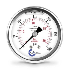 CARBO Instruments 2 1-2" Pressure Gauge, All Stainless Steel Wetted Parts, Case, Connection, Liquid Filled, 0-300 psi/kPa, Back Mount 1/4" NPT