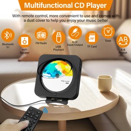 ENVYCLOUD Portable CD Player with Bluetooth, Desktop CD Player with Speakers for Home CD Music Players with Remote Control, Built-in LED Display, Supports CD/FM Radio/USB/AUX/Timer/Repeat (Black)
