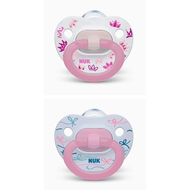 NUK 2 Pack Orthodontic Pacifier Girl Pink Crowns And Bows