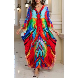 Orshoy Womens Kaftan Full Length Loose Swimwear Coverups Beach Caftan Dresses Maxi Kimono Tunic Nightdress Summer Print2