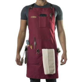 Asaya Chef, BBQ and Work Apron with Bottle Opener and Hand Towel - Durable 10oz Cotton Canvas, Brass Hardware and Cross Back Straps - For Men, Women, Grilling, and Cooking (Red)