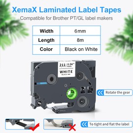 4X XemaX Label Tape Compatible for Brother Label Printer Tape 6mm TZe-211 TZ-211 P-Touch Black on White Label Tape Cassette for Brother P-Touch Labeller PT-E110 H100R H110 H101C H108 E100 H100LB H105