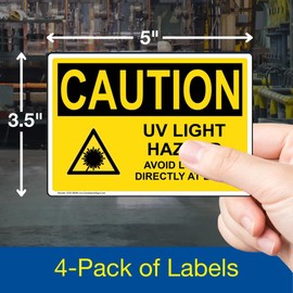 ComplianceSigns.com CAUTION UV Light Hazard Avoid Looking Directly At Light OSHA Safety Label Decal, 5x3.5 in. Vinyl 4-Pack for Process Hazards