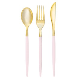 Luxe Party 128 Pieces Two Tone Plastic Disposable Cutlery | Forks-Spoons-Knives | Full Size | Chic Round | Blush and Gold