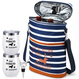 Pickmesh Dachshund Lover Gifts for Women Men Wiener Dog Gifts Set Dachshund Insulated Wine Tote Bag with Wine Stopper Tumblers Wine Cooler Bag Wine Carrier Tote(Blue, White)