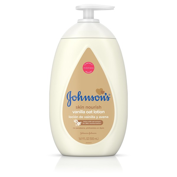 Johnson's Baby Moisturizing Lotion with Nourishing Vanilla & Oat Extract for Dry Skin Hypoallergenic and Dermatologist-Tested, 16.9 Fluid Ounce