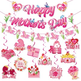 Mothers Day Decoration Set,Happy Mother's Day Banner Flower Bunting Tulip Heels Garland with Hanging Swirl Decorations Pink Heart Best Mom Themed Banners for Mom Gift Mother's Day Party Favor Decor