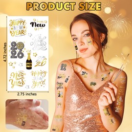 135 Styles New Years Eve Party Supplies, 12 Sheets Glitter New Year Tattoos, 2026 NYE Decorations, Black Gold Silver NYE Party Favors Tattoos Stickers, Holiday Festival Eve Decor