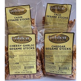 Golden Flavor Sesame Sticks - Flavor Explosion Variety Pack - 3 Pounds Total- (4) 12 ounce bags - Cheesy Garlic - Cheddar - Taco - Cajun