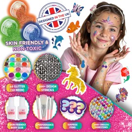 40 colores – Tatuajes con purpurina para niños, kit de tatuaje con purpurina, tatuajes temporales para niños, más de 200 plantillas, 40 colores (10 neon), diamantes de imitación, regalo de cumpleaños
