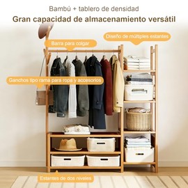 Perchero Multifuncional de Bambú con Doble Barra y Estantes, Closet Armable Organizador de Ropa con Zapatero, para Dormitorio, Entrada o Lavandería,  