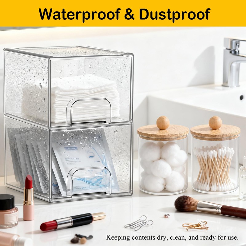 Qeosvve 6 Pack Clear Stackable Storage Drawers & Qtip Holder