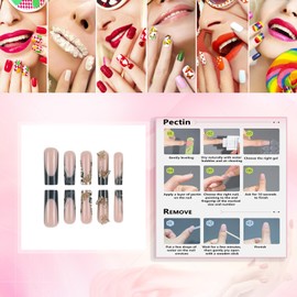 Rchovsam xl Square Press on Nails Long French Tip Fake Nails Black French Tip Design False Nails Gold Butterfly Stick on Nails Summer Full Cover Artificial Nails for Women 24pcs