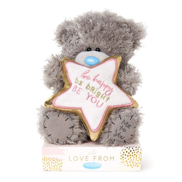 Me to You Tatty Teddy ''Be Happy Be Bright'' Plush Bear on a Gift Plinth - Official Collection, Blue,gold,grey,pink