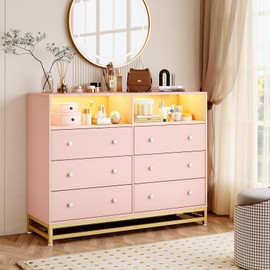 Pink Dresser for Bedroom, Wooden Modern 6 Drawers Long Dresser with Charging Station and Led Lights Design, Large Capacity Storage Chest of Drawers, Wide Drawers for Living Room, Hallway