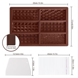 FDKYOEK 6-In-1 Chocolate Bar Mold with 100PCS Plastic Wrappers and Scraper, Food Grade Silicone Candy Bar Mold, DIY Rectangular Chocolate Mold, Soft Non-stick Deep Chocolate Bar Mold, Brown