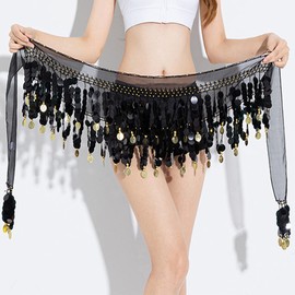 Wuchieal - Bufanda de cadera para mujer con danza del vientre, falda de danza del vientre, monedas de lentejuelas brillantes, disfraz de danza del vientre, Negro con monedas negras, One Size