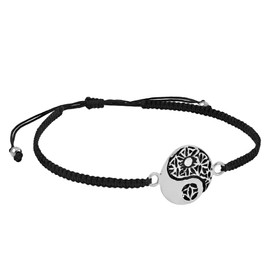 AeraVida Classic Yin Yang Balance .925 Sterling Silver Charm on Black Adjustable Bracelet