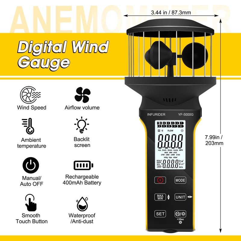 INFURIDER Digital Cup Anemometer, Handheld Wind Speed Meter with Anti-dust