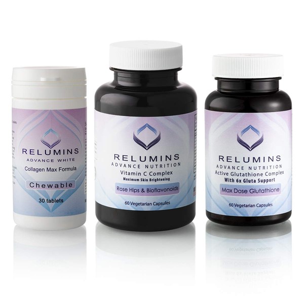 Relumins Advance White Triple Capsule MAX Set - MAX Dose Glutathione with 6X Boosters, Collagen MAX Chewable Tablets and Vitamin C MAX - Maximum Skin Lightening and Rejuvenating (One Month Supply)