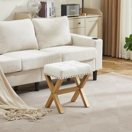 Lasigeli Square Makeup Stool with Rivets Wood X-Legs,Modern Vanity Ottoman Chair,Padded Faux Leather Seat for Dressing Room,Bathroom (White+Gold Fabric)