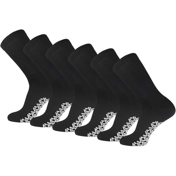 6 Pairs of Non-Skid Diabetic Crew Socks, Non Binding Top Therapeutic Cotton Gripper Socks (Black, Size: 13-15)