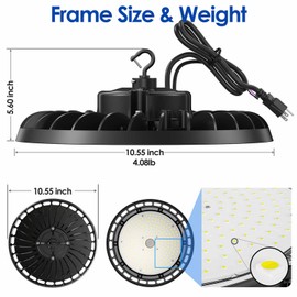 EdisonPar LED High Bay Light 150W PREM 1-Pack, 10' UFO Commercial Lighting Fixture w/Plug for Garage Shop Warehouse Workshop, 5000k 21000lm Dimmable IP65 UL ETL Listed (Count of 1)