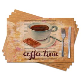 Cloth Placemats Set of 4,Coffee Theme Coffee Time Linen Table Mats,Heat Resistant Woven Placemats Non-Slip Dining Table Place Mats for Kitchen,Cafe,Home Decor 18x12in