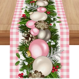 Jiudungs - Camino de mesa de lino rosa y blanco a cuadros de cuadros de 72 pulgadas de largo, granja, invierno, Navidad, día festivo, hogar, cocina, mesa, decoración