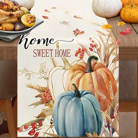 Fall Table Runner, Pumpkin Watercolor Fall Runner for Table Decorations, Thanksgiving Holiday Decor for Indoor Outdoor Dining Table 13*72 inch Perfect for Thanksgiving & Autumn Decor