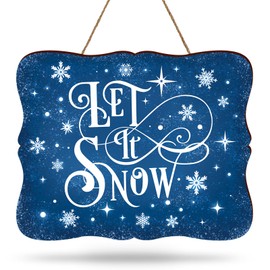 Whaline Christmas Winter Welcome Door Sign Blue Let It Snow Wooden Hanging Sign Xmas Holiday Welcome Wreath Sign Door Hanger for Indoor Outdoor Home Farmhouse Porch Window Wall Decor