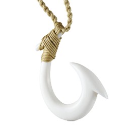 Pretty Hawaiian Large Fish Hook Necklace, Hand Carved Buffalo Bone 3D Fish Hook Necklace, N9105