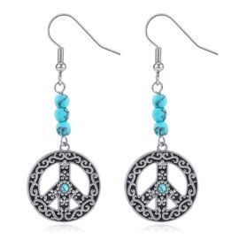 Bohemian Peace Sign Dangle Earrings for Women, Vintage Silver-Tone Drop Earrings with Turquoise Beads, Retro Hippie Symbol Jewelry for Free-Spirited & Festival Fashion