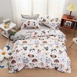 Koudi Kids Duvet Cover Set Full Size 3pcs (1 Duvet Cover + 2 Pillow Cases) Cartoon Dogs Print Reversible Bedding Set 100% Microfiber Comforter Cover