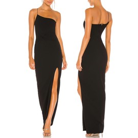 JLCNCUE Women Spaghetti Strap One Shoulder Bodycon Maxi Dress Thigh High Slit Formal Dress Knot Ruched Waist Cocktail Dress(S,Black)