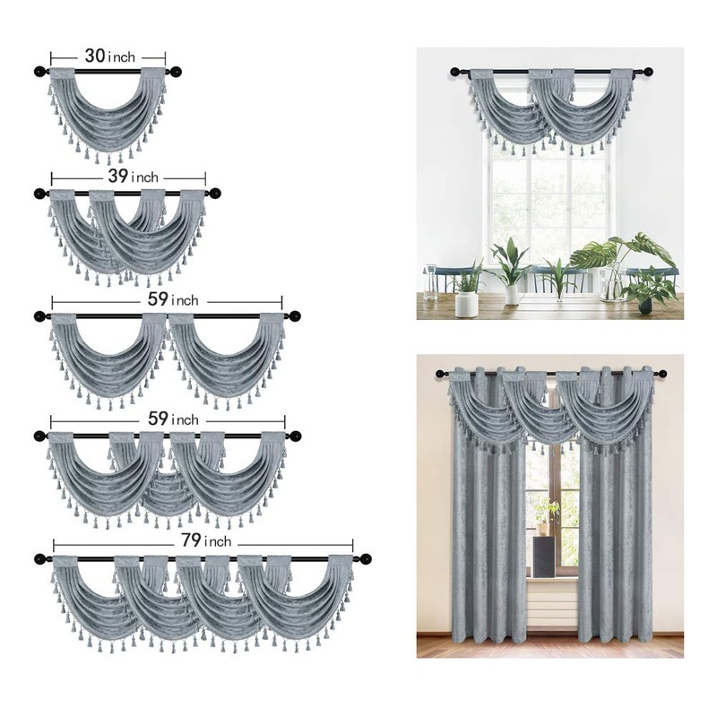 ELKCA Thick Chenille Waterfall Swag Valances for Living Room Silver