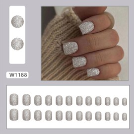Glitter Press on Nails Square Short Fake Nails Full Cover Sparkly False Nails Acrylic Stick on Nails Reusable Shine Artificial Nails Glue on Nails for Women Nail Art Decorations 24Pcs