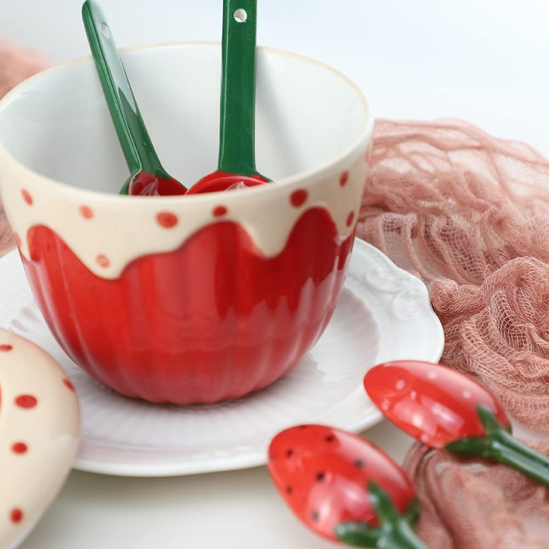 Sizikato 4pcs Porcelain Measuring Spoons with Base, Cute Strawberry Shape
