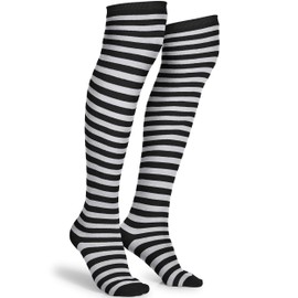 Skeleteen Black and White Socks - Over the Knee Striped Thigh High Costume Accessories Stockings for Men, Women and Kids
