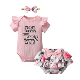 Newborn Baby Girl Clothes Letter Print Bodysuit Floral Bowknot Shorts Headband Summer Outfits Set 3Pcs Pink 3-6 Months