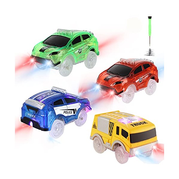 Tracks Cars Replacement only, Toy Cars for Tracks Glow in The Dark, Racing Car Tracks Accessories with 5 Flashing LED Lights, Compatible with Most Car Tracks for Kids Boys and Girls(4pack)