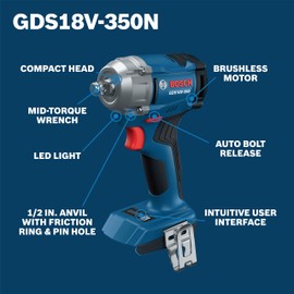 BOSCH GDS18V-350N 18V Brushless ½ In. Mid Torque Impact Wrench - 410 Ft.-Lbs Breakaway Torque, 250 Ft.-Lbs Fastening Torque, Compact Design (Bare Tool)
