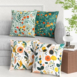 Throw Pillow Covers, 18x18 Inch Cotton Linen Pillow Cases Pack of 4, Decorative Bed Case for Couch Bedroom Sofa Living Room Patio, Farmhouse Modern Home Decor, White Green Cute Flowers