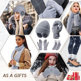 4 Packs Women Winter Hat Scarf Gloves Socks Set, Fleece Lined Beanie Hat with Ear Covers Warm Touch Screen Gloves Long Knit Scarf Warmer Stocking for Girls Winter Accessories Cold Weather (Gray)