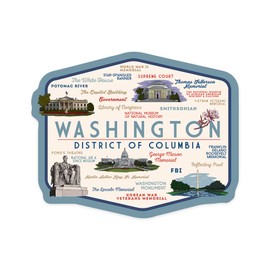 Die Cut Sticker Washington, DC, Typography and Icons, Contour Vinyl Sticker 1 to 3 inches (Waterproof Decal for Cars, Water Bottles, Laptops, Coolers), Small