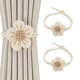 Pack of 2 Curtain Tiebacks, Adjustable Flower Design Curtain Holders, Cotton Curtain Tiebacks with Secure Safety Pins, for Bedroom, Living Room & Bathroom (Beige)
