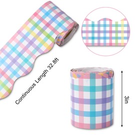 JarThenaAMCS 32.8Ft Colorful Plaid Bulletin Board Border Blue Pink Green Yellow Purple Plaid Die Cut Trim Border Roll for Easter Spring Chalkboard Decor