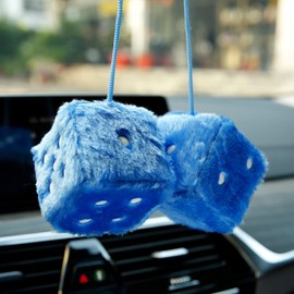 YGMONER Couple 2.75” Fuzzy Dice with Leather Dots Retro Car Mirror Hanging Accessories for Car Decoration (Blue)