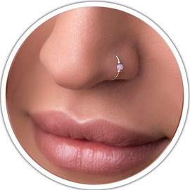 Thin Pink Opal Nose Ring – 14K Gold Filled Snug 7mm Piercing Hoop – Tiny 24G Nose Ring – 2mm Light Pink Opal - Dainty Gift Ready Purchase